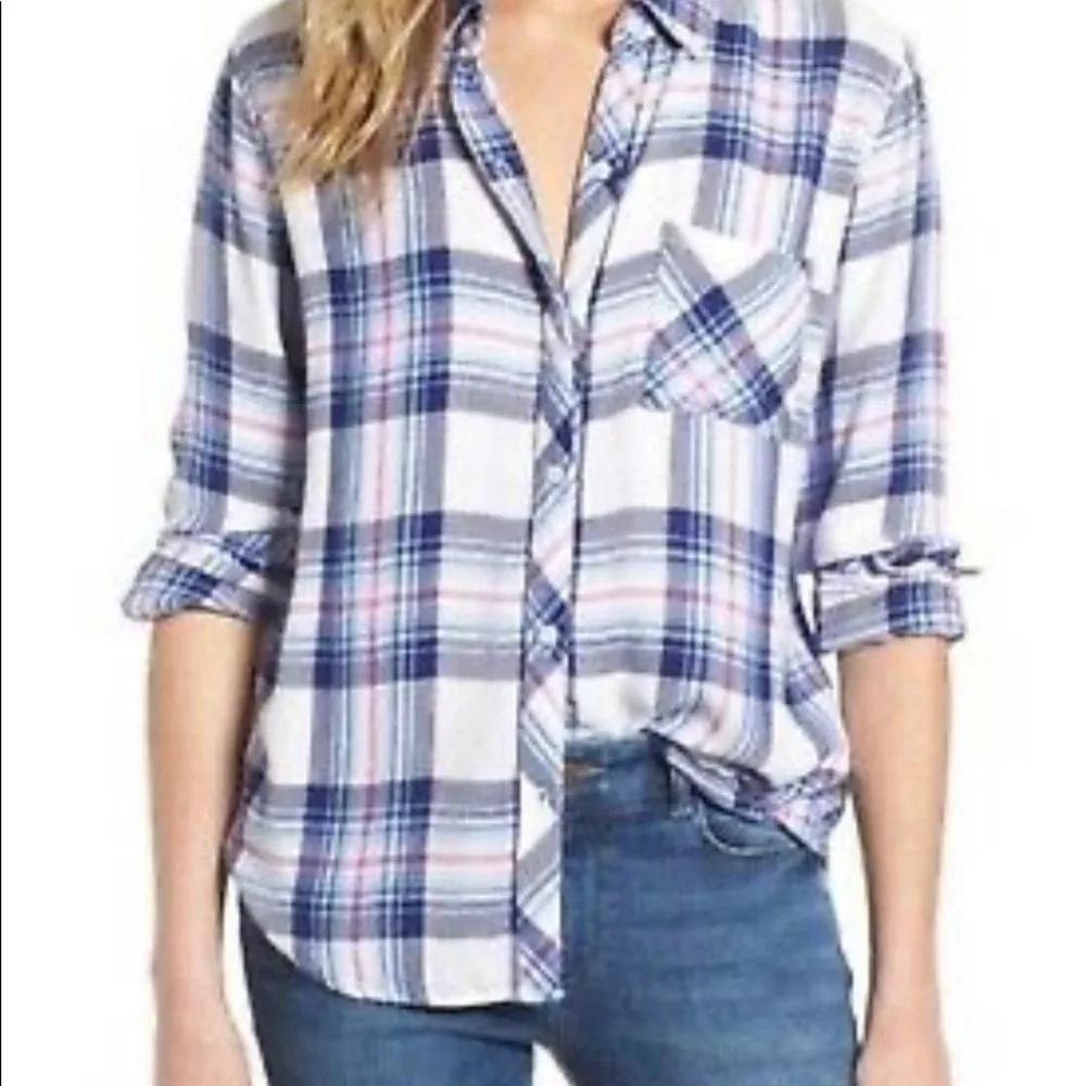 Rails Ivory Bluebell Pink Button Front Long Sleeve Hunter Plaid Shirt Size M - Picture 2 of 6